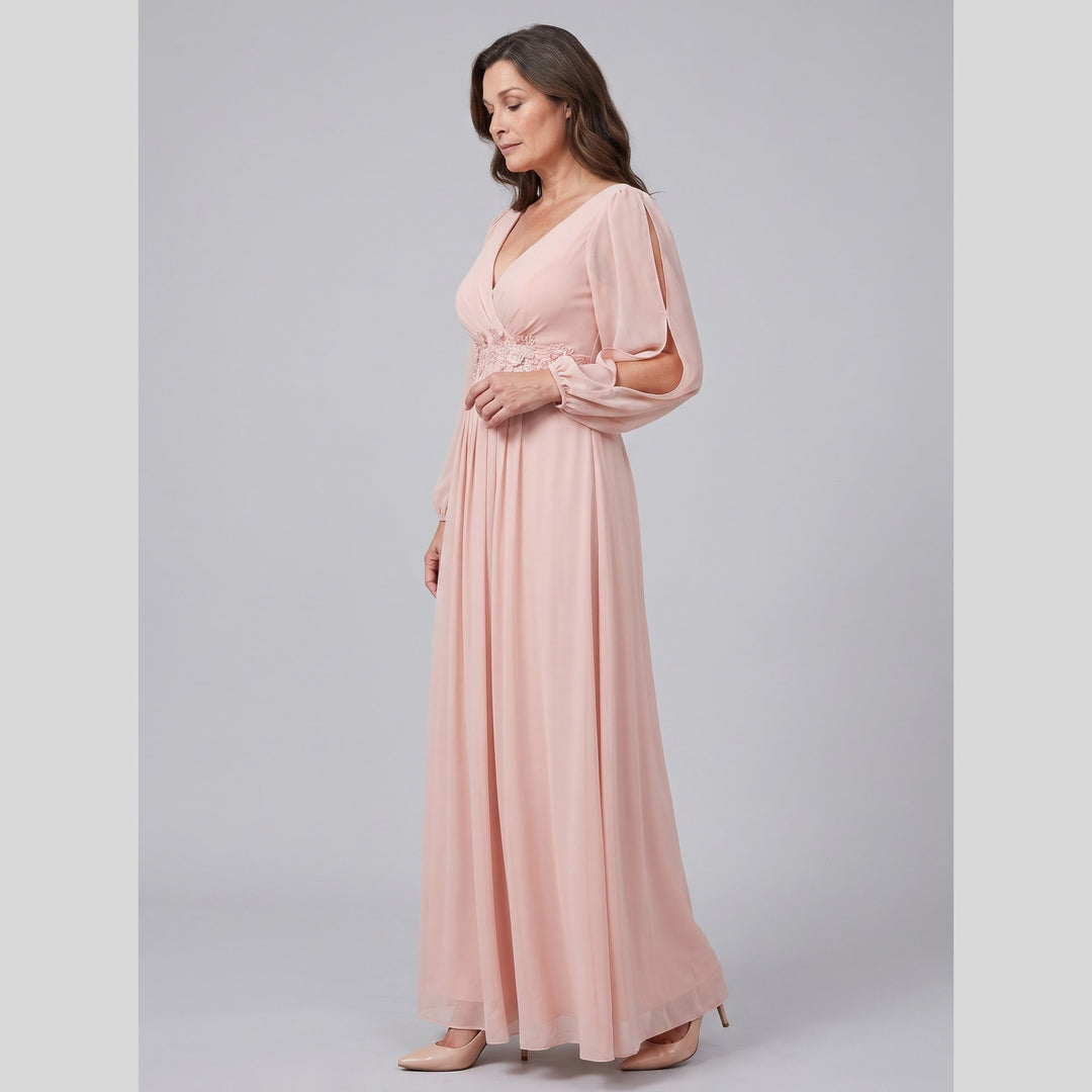 Blush pink chiffon V-neck long sleeve floor-length evening gown - The store Vancouver