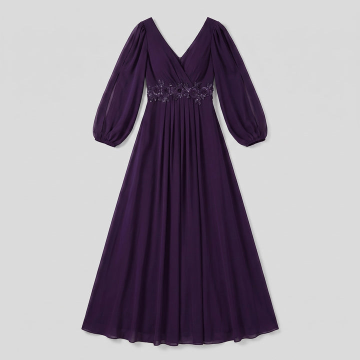 Dark purple chiffon evening gown flat lay product photo - The store Vancouver