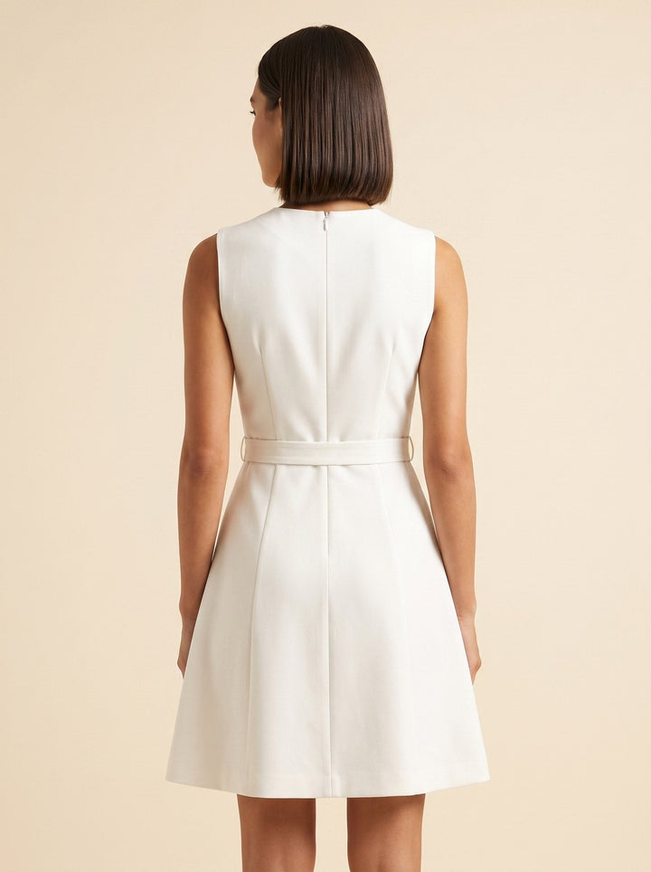Annelise belted fit-and-flare dress in white, back view on model