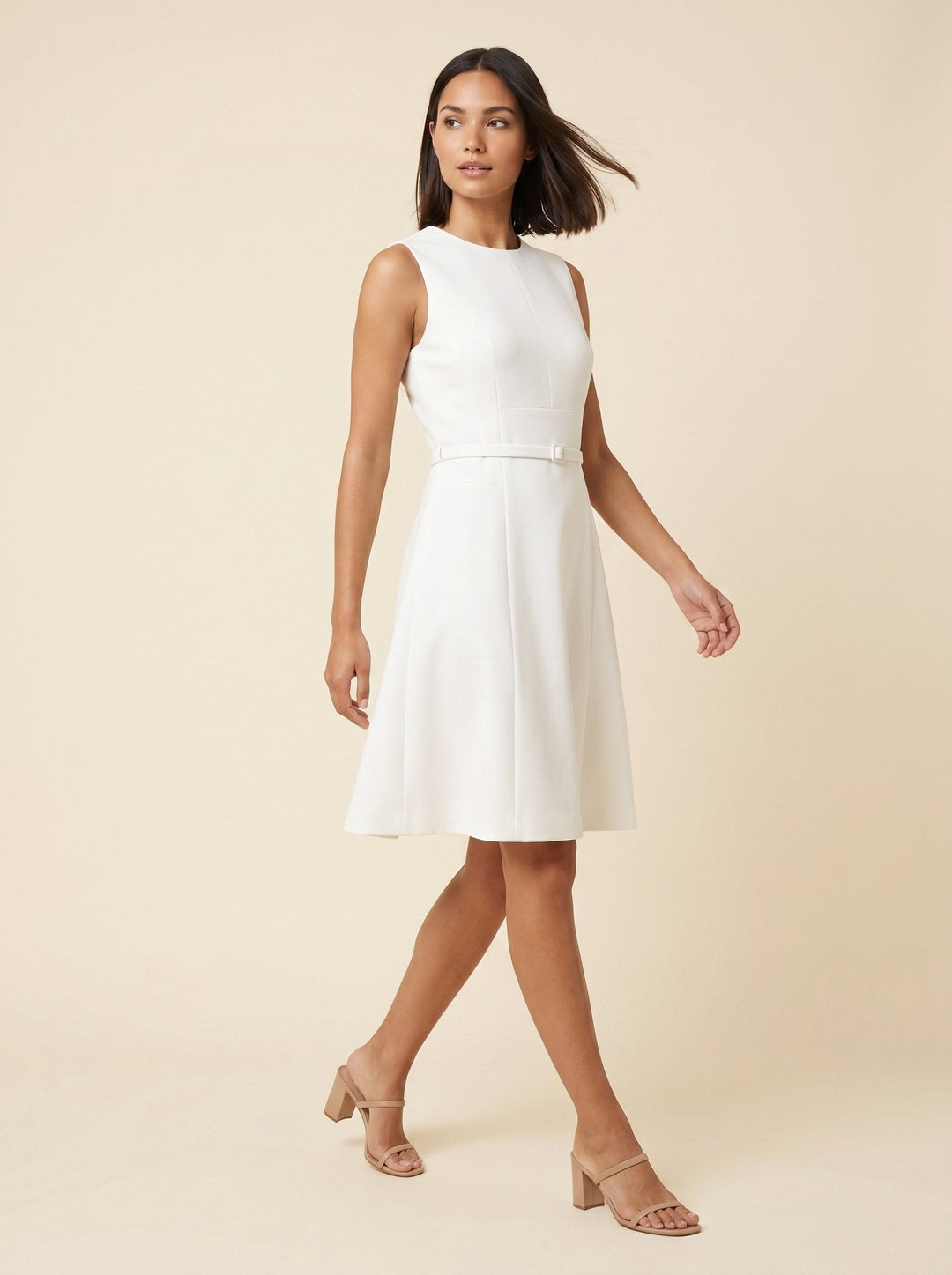 Annelise belted fit-and-flare dress in white, three-quarter side view