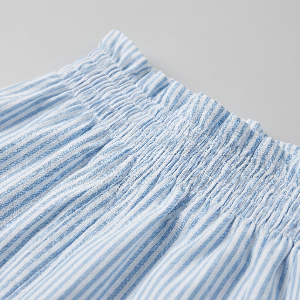 Close-up of the blue pinstripe cotton blend and the smocked waist