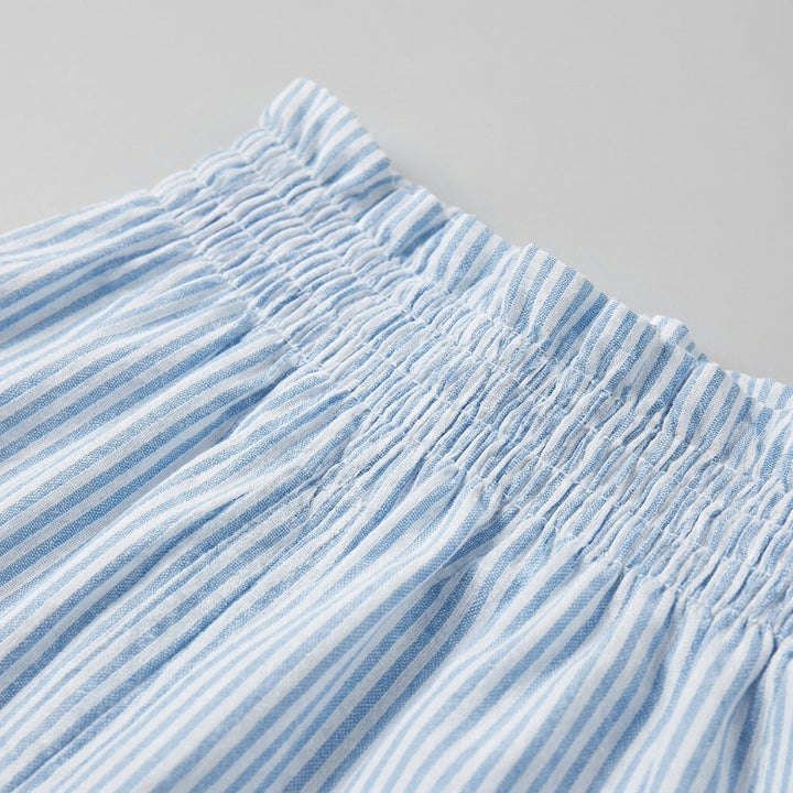 Close-up of the blue pinstripe cotton blend and the smocked waist