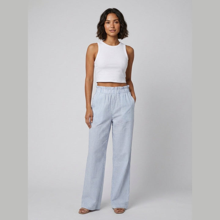 White tank top and blue striped pants set, front view on model