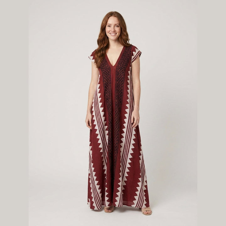 Anouck printed ankle-length maxi dress in wine red, on model