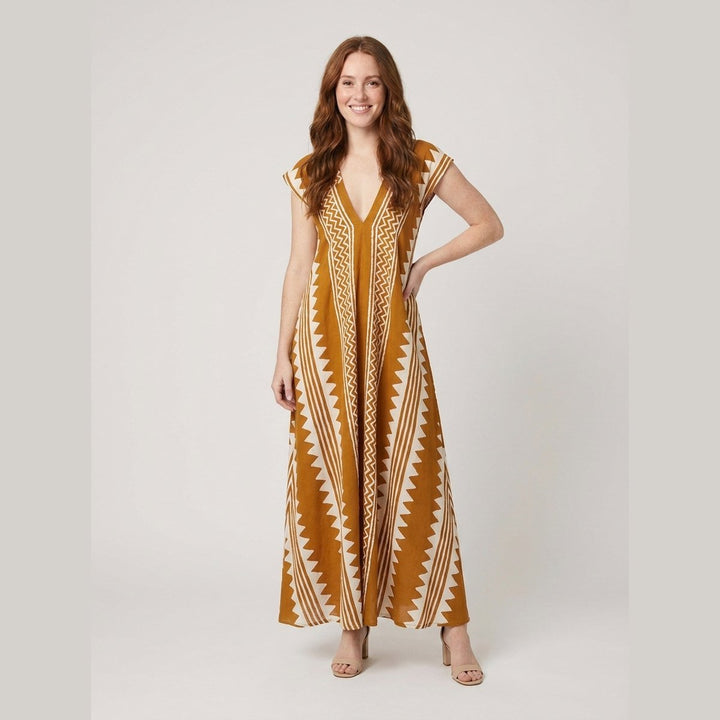 Anouck printed ankle-length maxi dress in yellow, on model