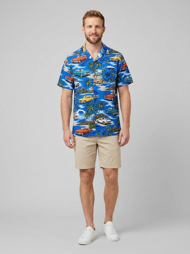 Ansel Hawaiian shirt with vintage car print, blue, on model