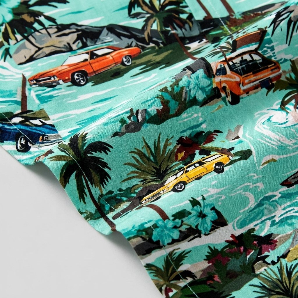 Ansel Hawaiian shirt vintage car print detail