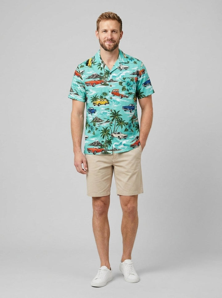Ansel Hawaiian shirt with vintage car print, green, on model