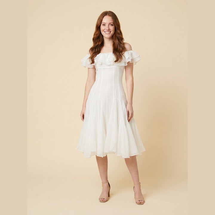 Apolline off shoulder chiffon midi dress white front on model