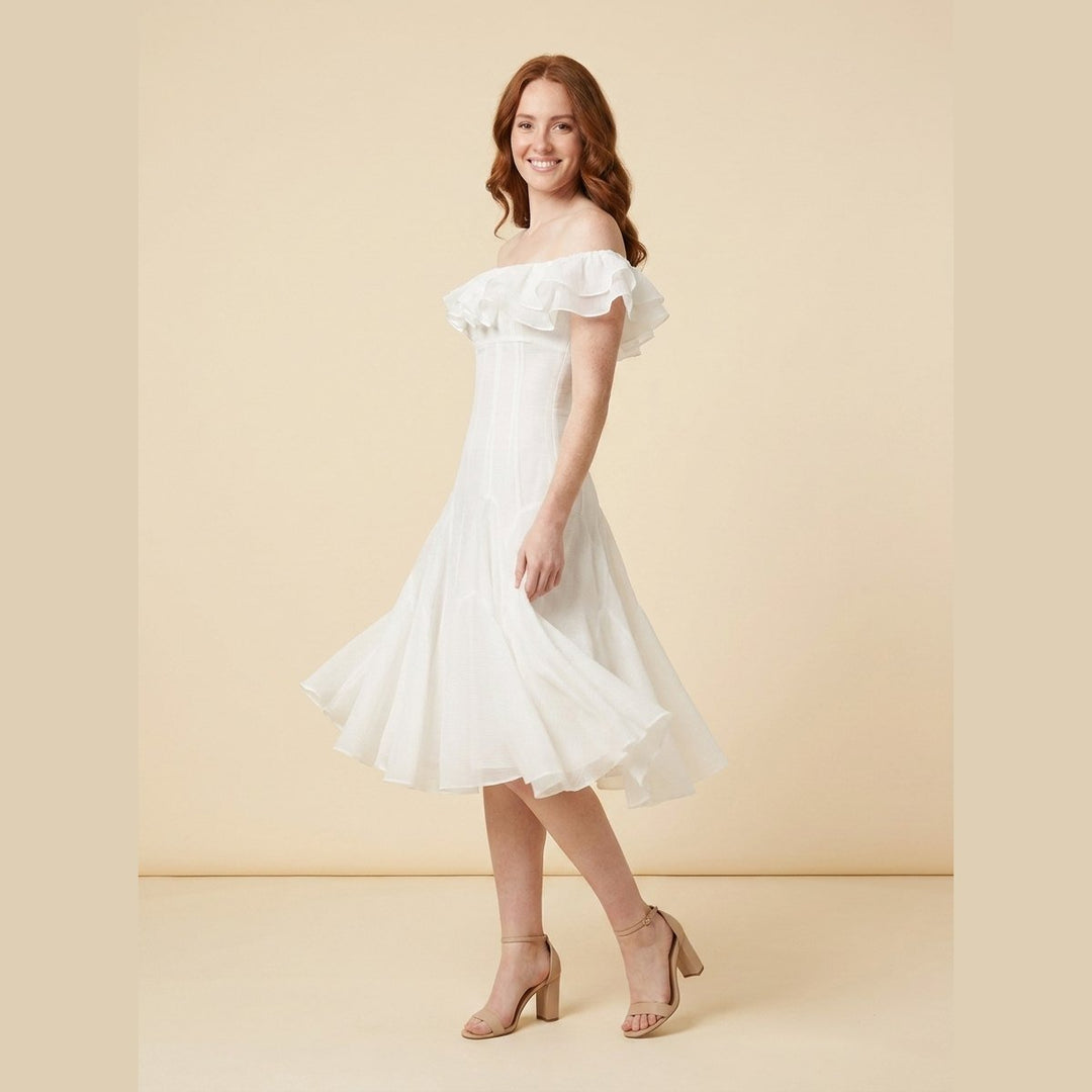 Apolline off shoulder chiffon midi dress white side on model