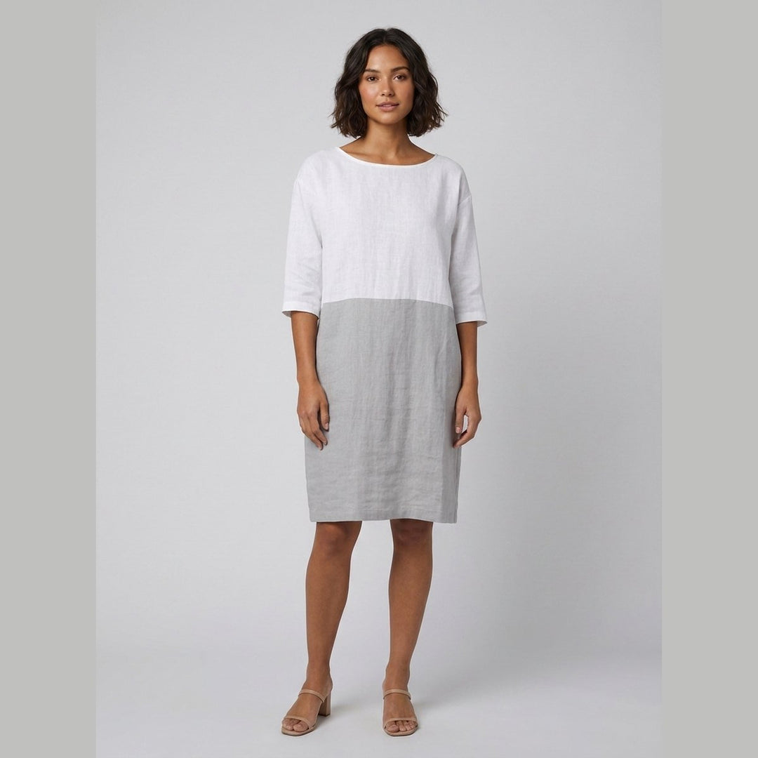 Aqua color-block linen dress on model front