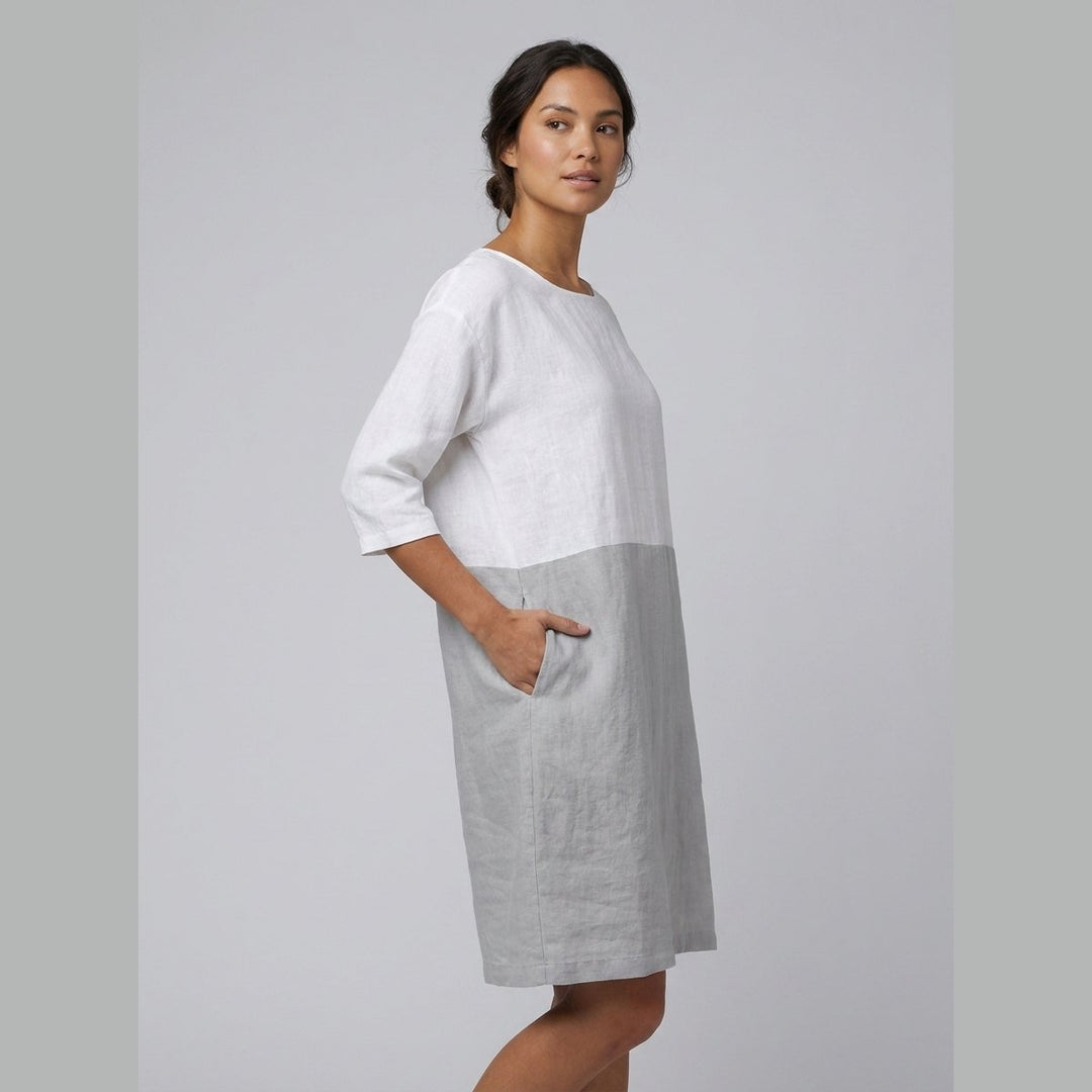 Aqua color-block linen dress on model side
