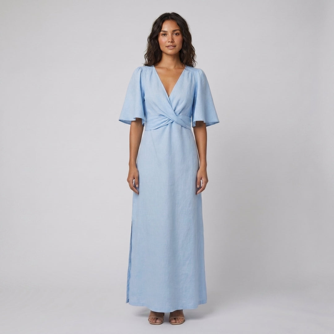 Aqua light blue linen maxi dress on model front