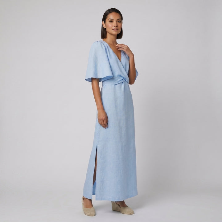 Aqua light blue linen maxi dress on model
