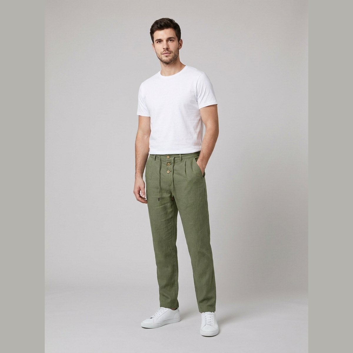 Aqua linen trousers army green on male model