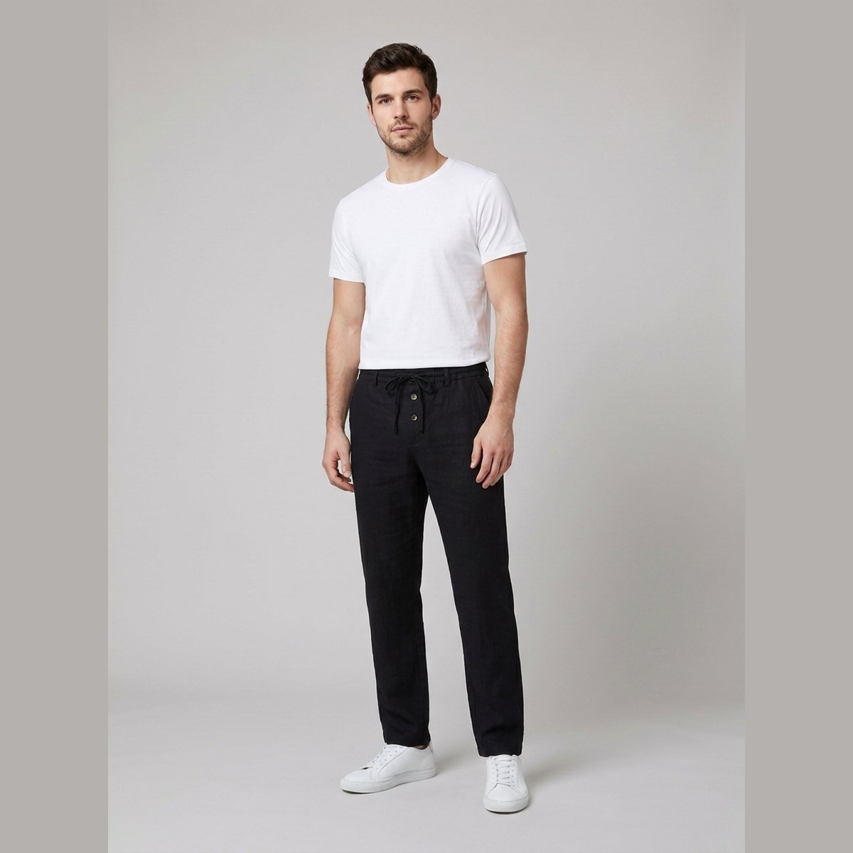 Aqua linen trousers black on male model