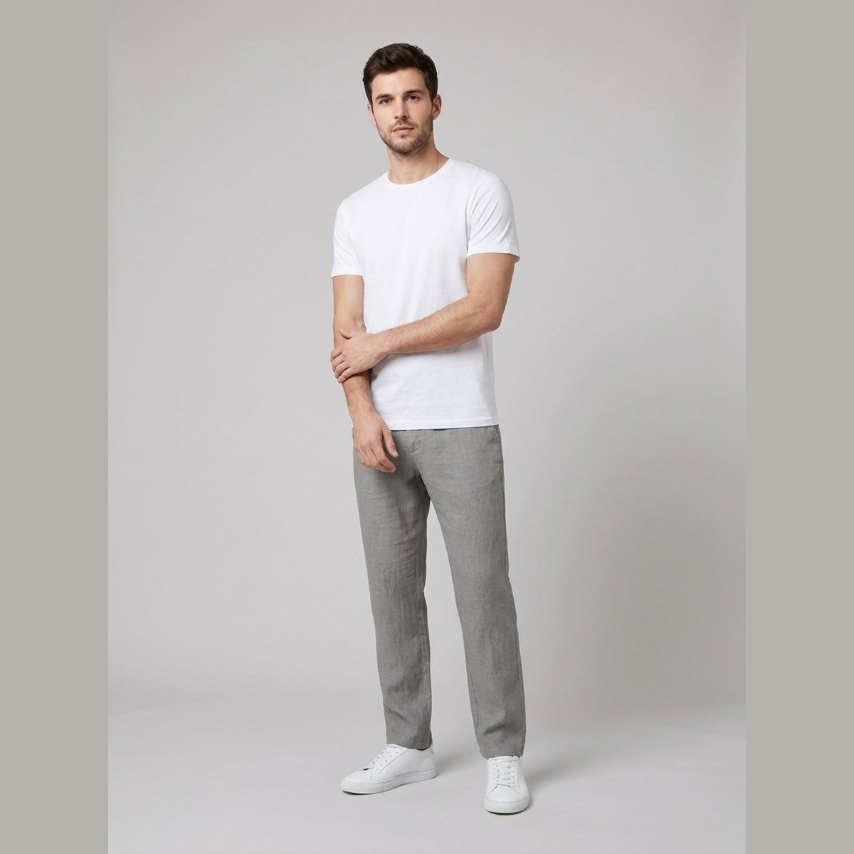 Aqua linen trousers gray on male model