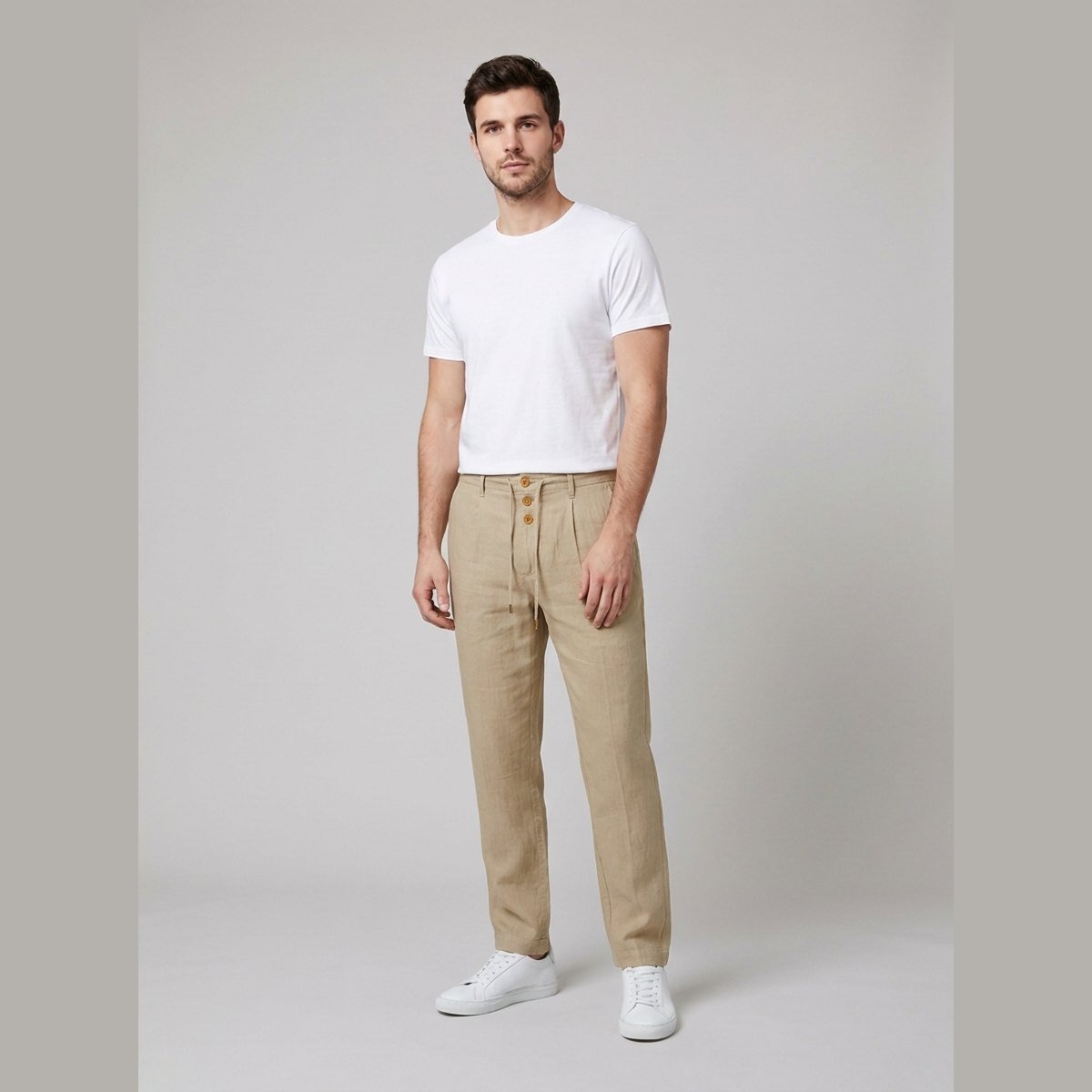 Aqua linen trousers khaki on male model