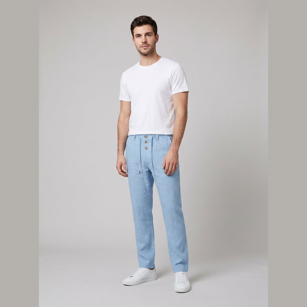 Aqua linen trousers light blue on male model