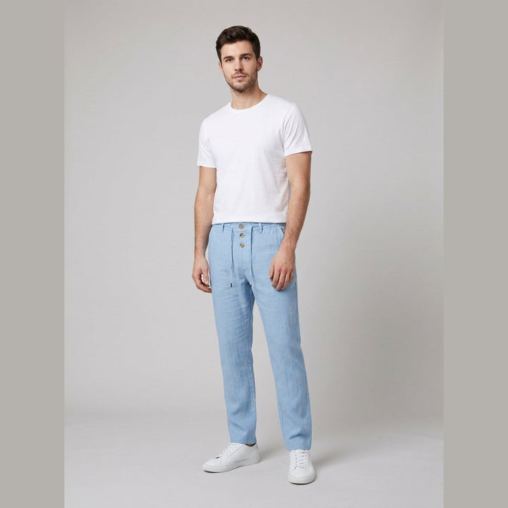 Aqua linen trousers light blue on male model