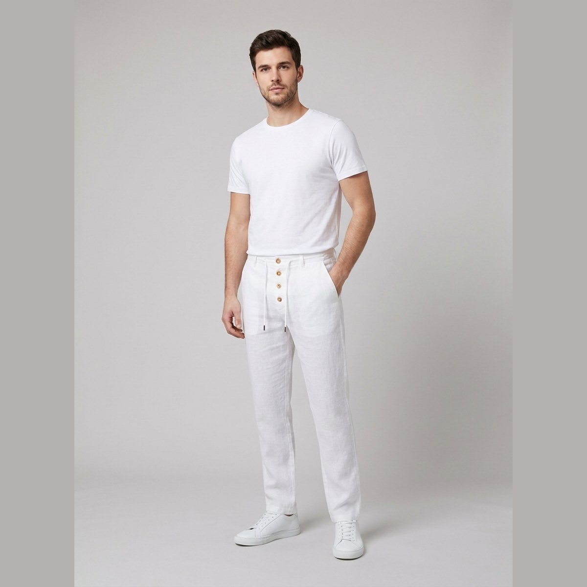 Aqua linen trousers white on male model