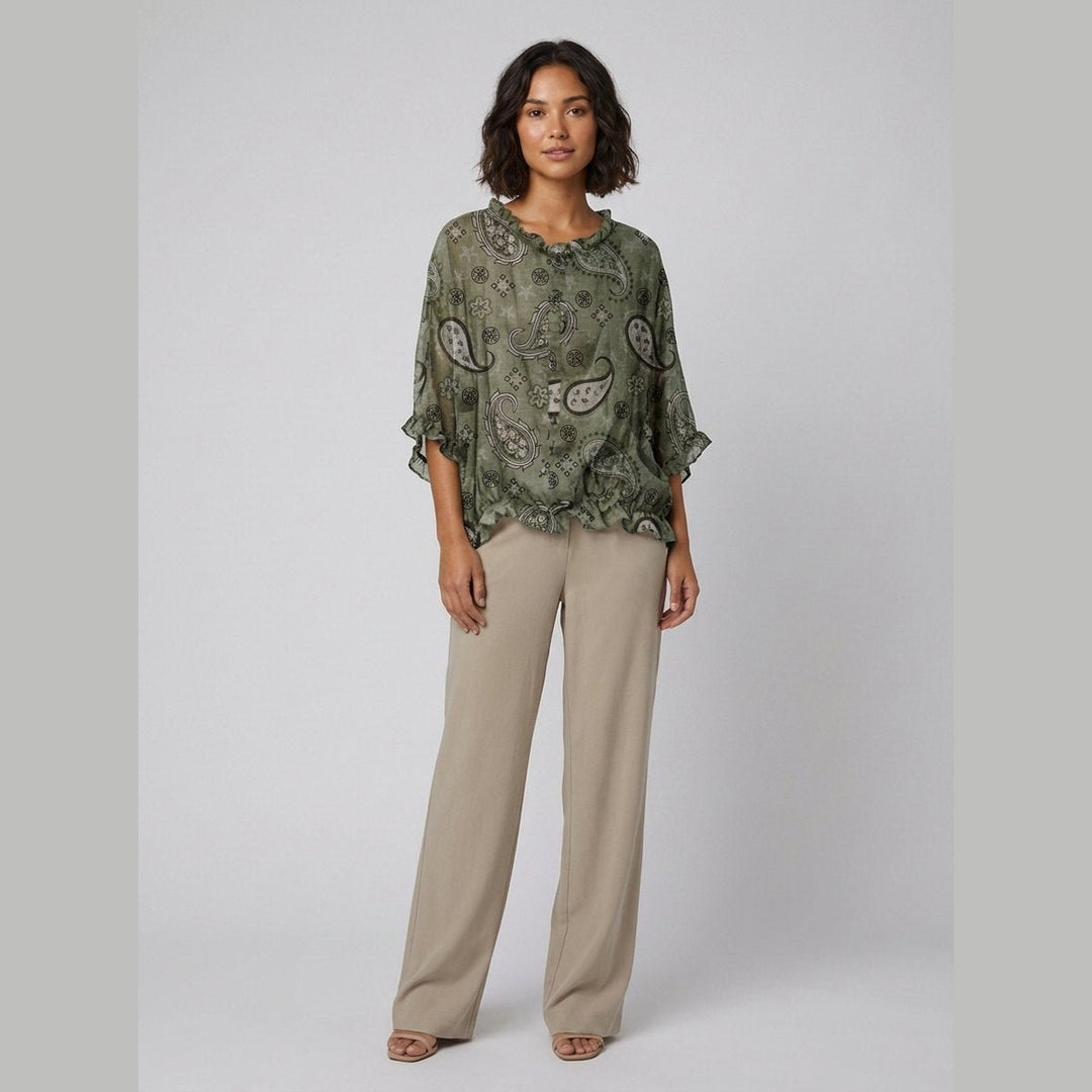 Aqua Ruffle Blouse green paisley print