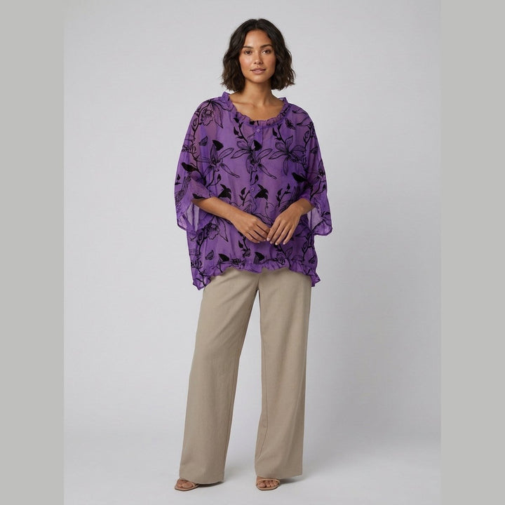 Aqua Ruffle Blouse purple floral bird print
