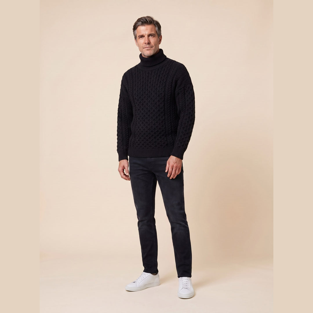 Aran fisherman sweater black on model