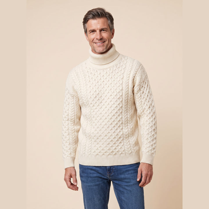 Aran fisherman cable knit turtleneck sweater cream on model