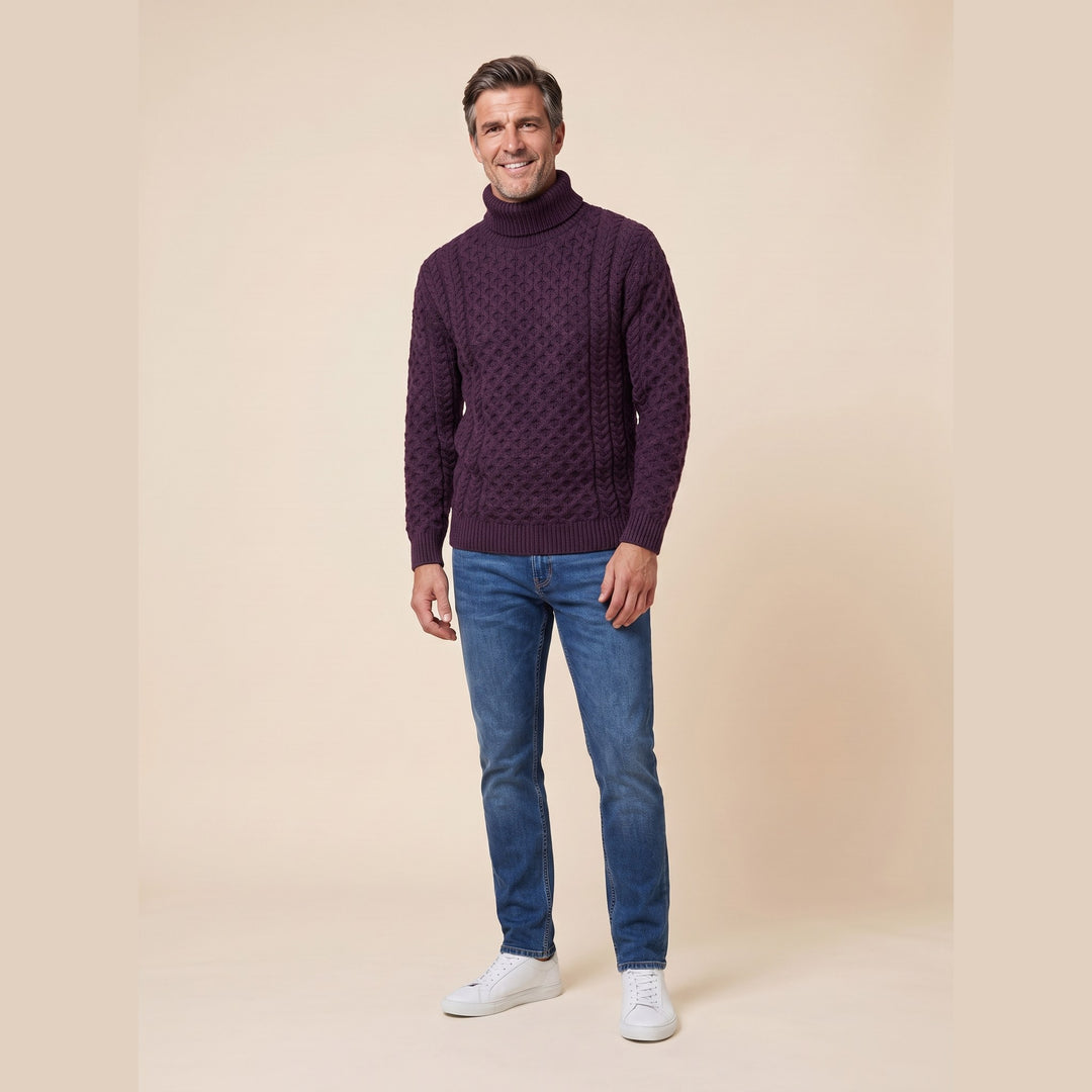 Aran fisherman sweater damson plum on model