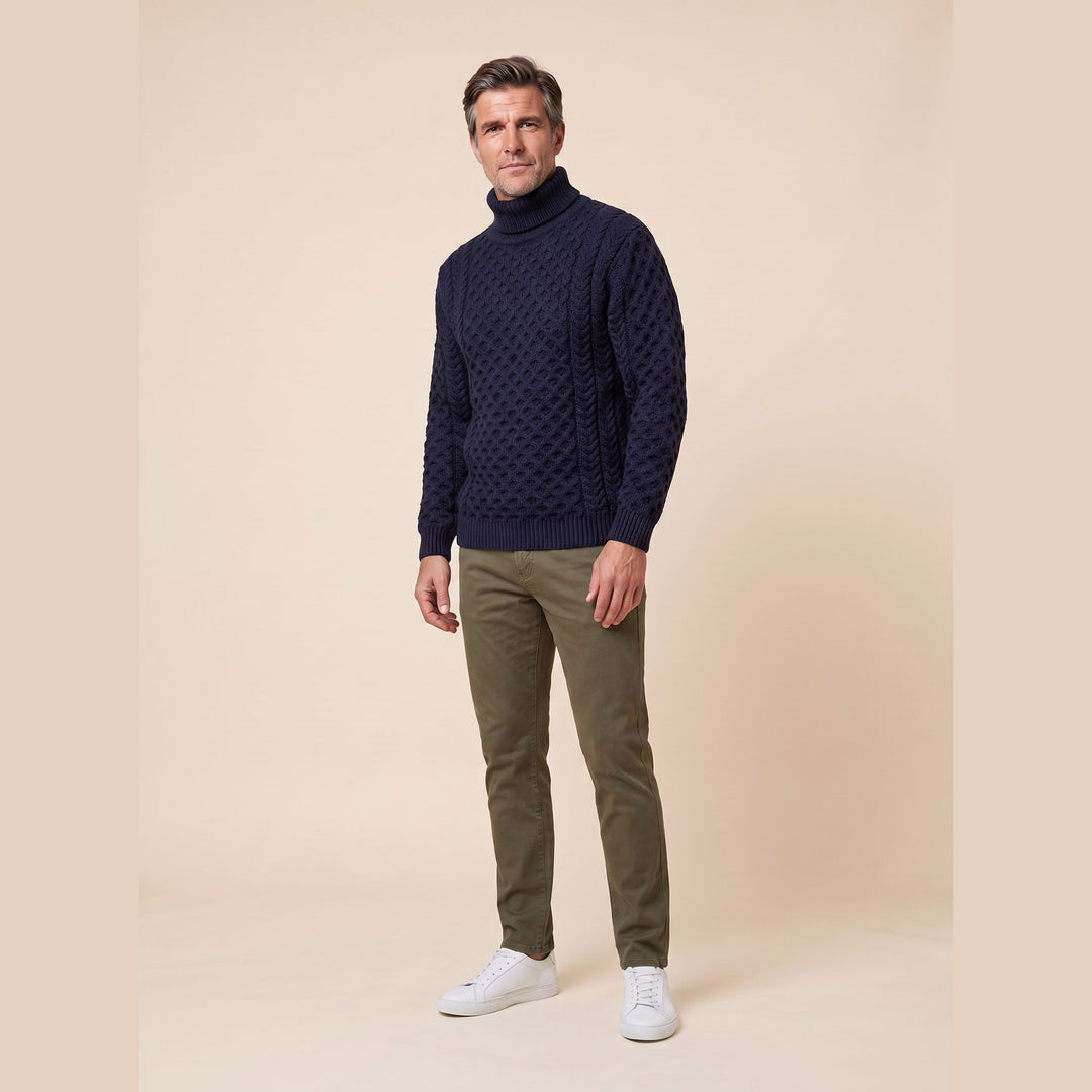 Aran fisherman sweater navy on model