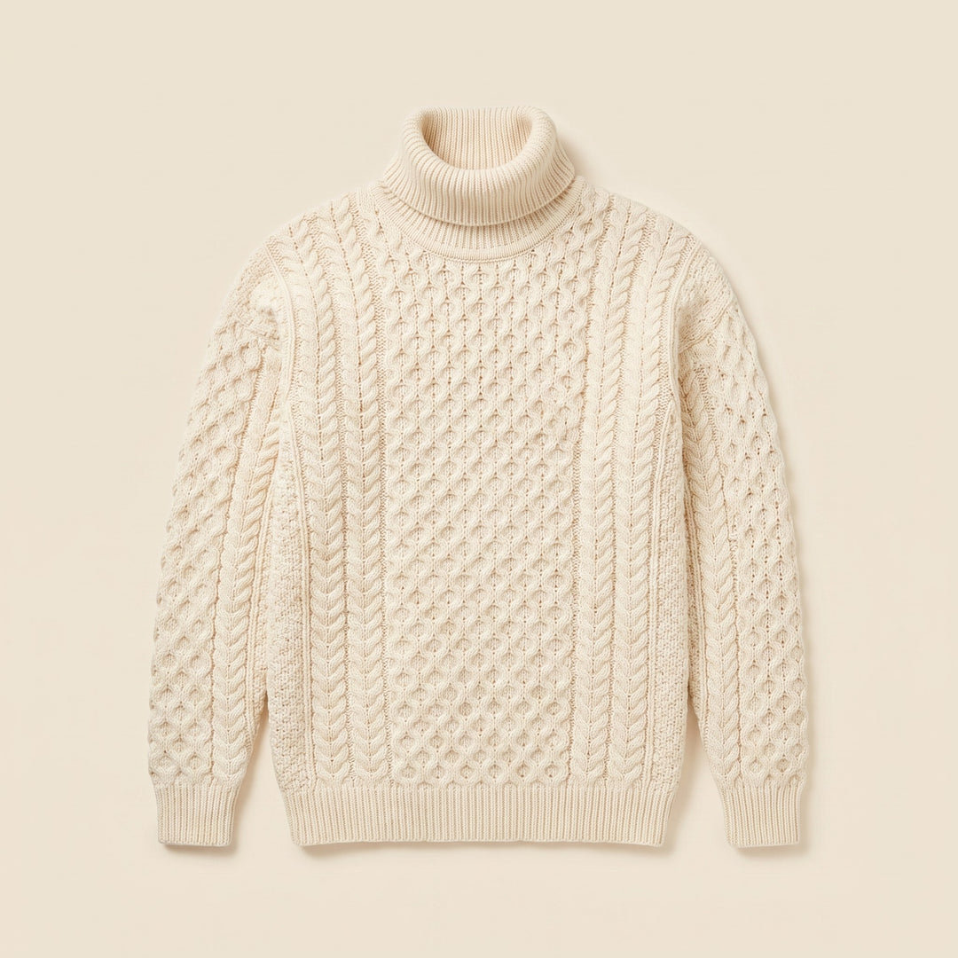 Aran fisherman cable knit sweater product flat lay