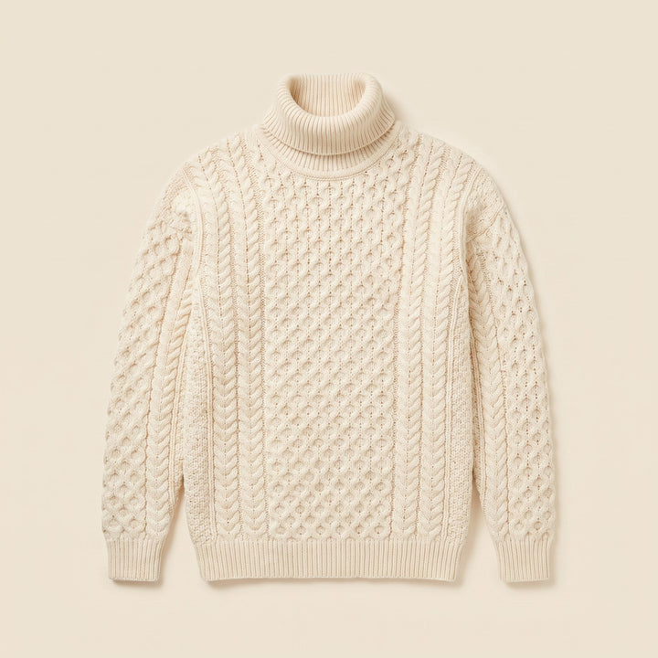 Aran fisherman cable knit sweater product flat lay