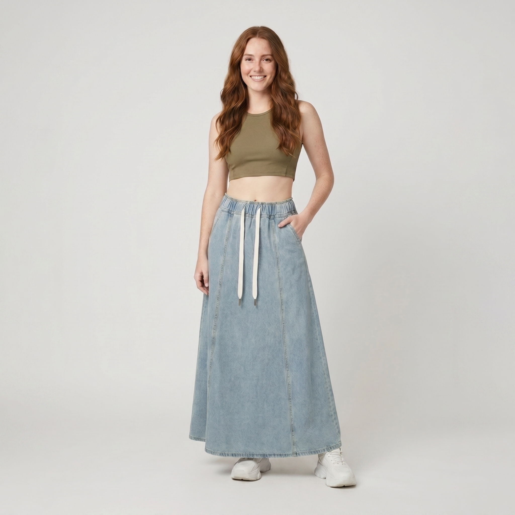 Arielle washed blue denim A-line maxi skirt on model