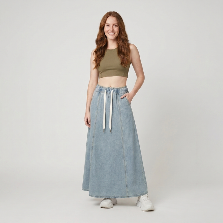 Arielle washed blue denim A-line maxi skirt on model