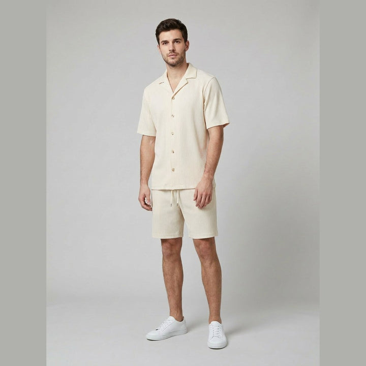 Beige men's ribbed shirt and shorts set, front view