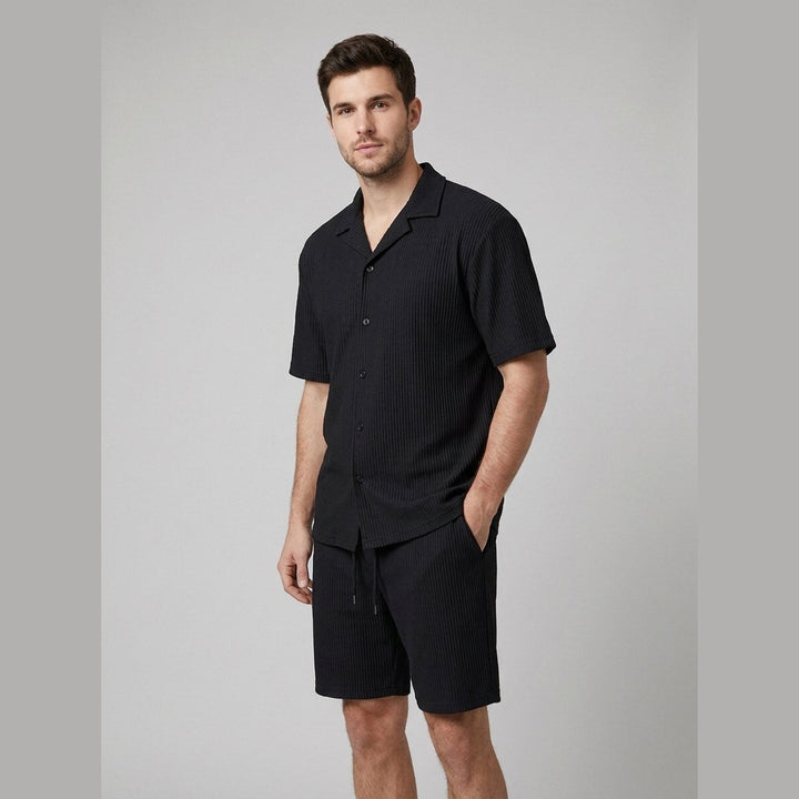 Black men's ribbed shirt and shorts set, front view