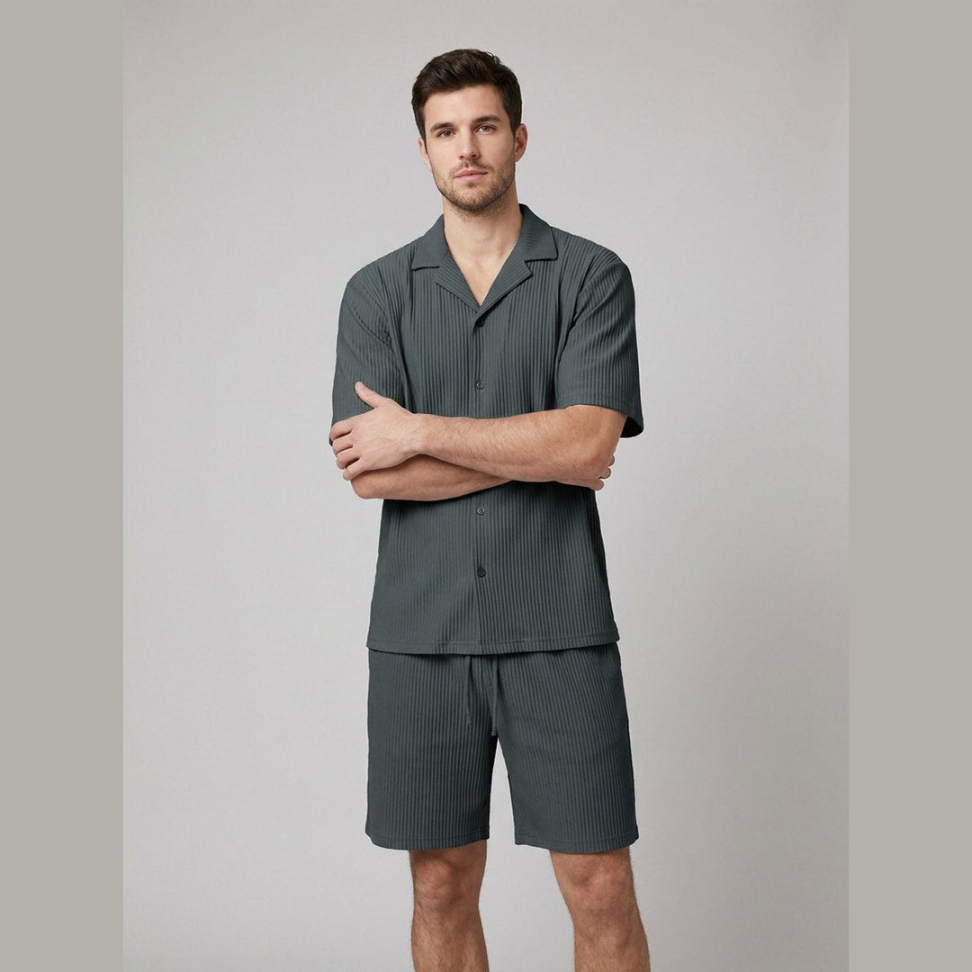 Dark grey men's ribbed shirt and shorts set, front view