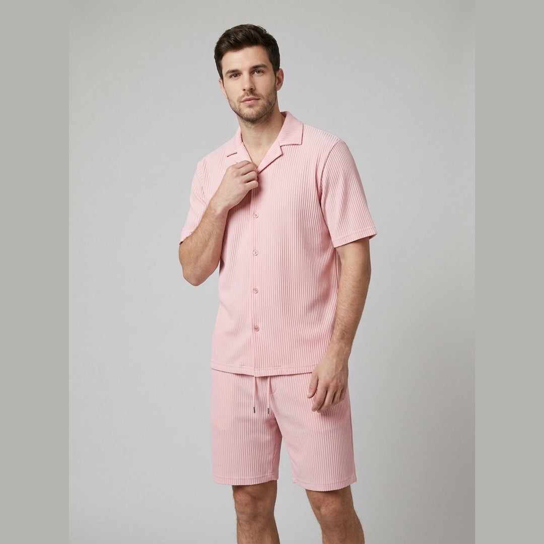 Pink men's ribbed shirt and shorts set, front view