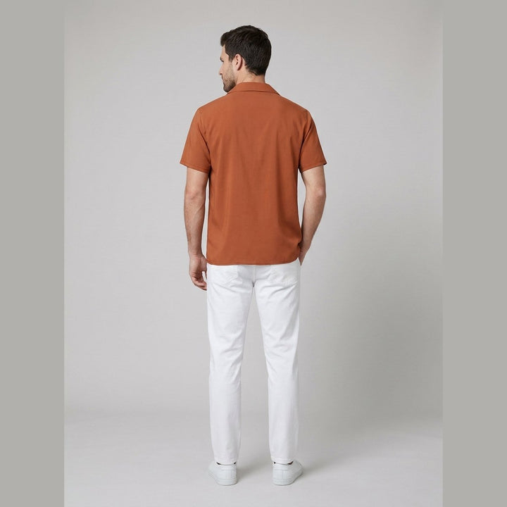 Ashford camp collar shirt in rust orange, back view