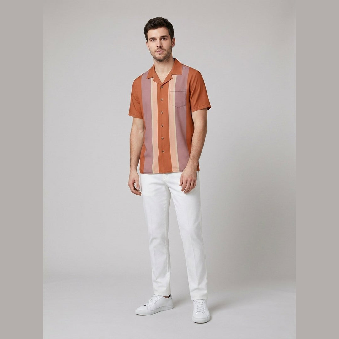 Ashford camp collar shirt in rust orange, front view on model