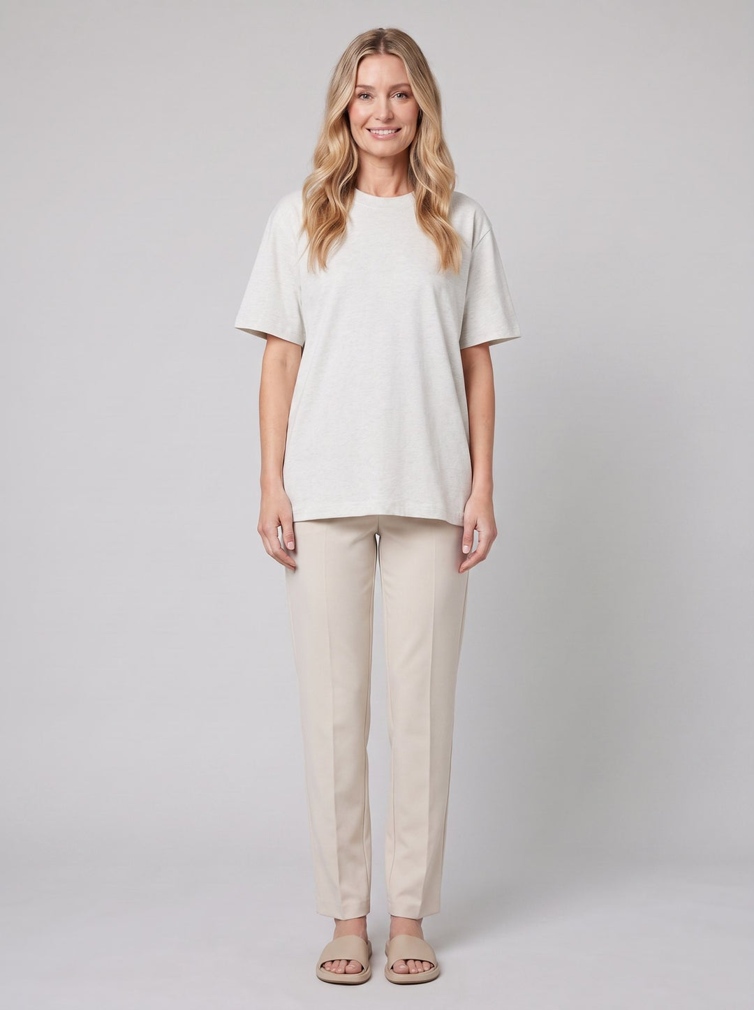 Aspen oversized grey marl organic cotton t-shirt front on model
