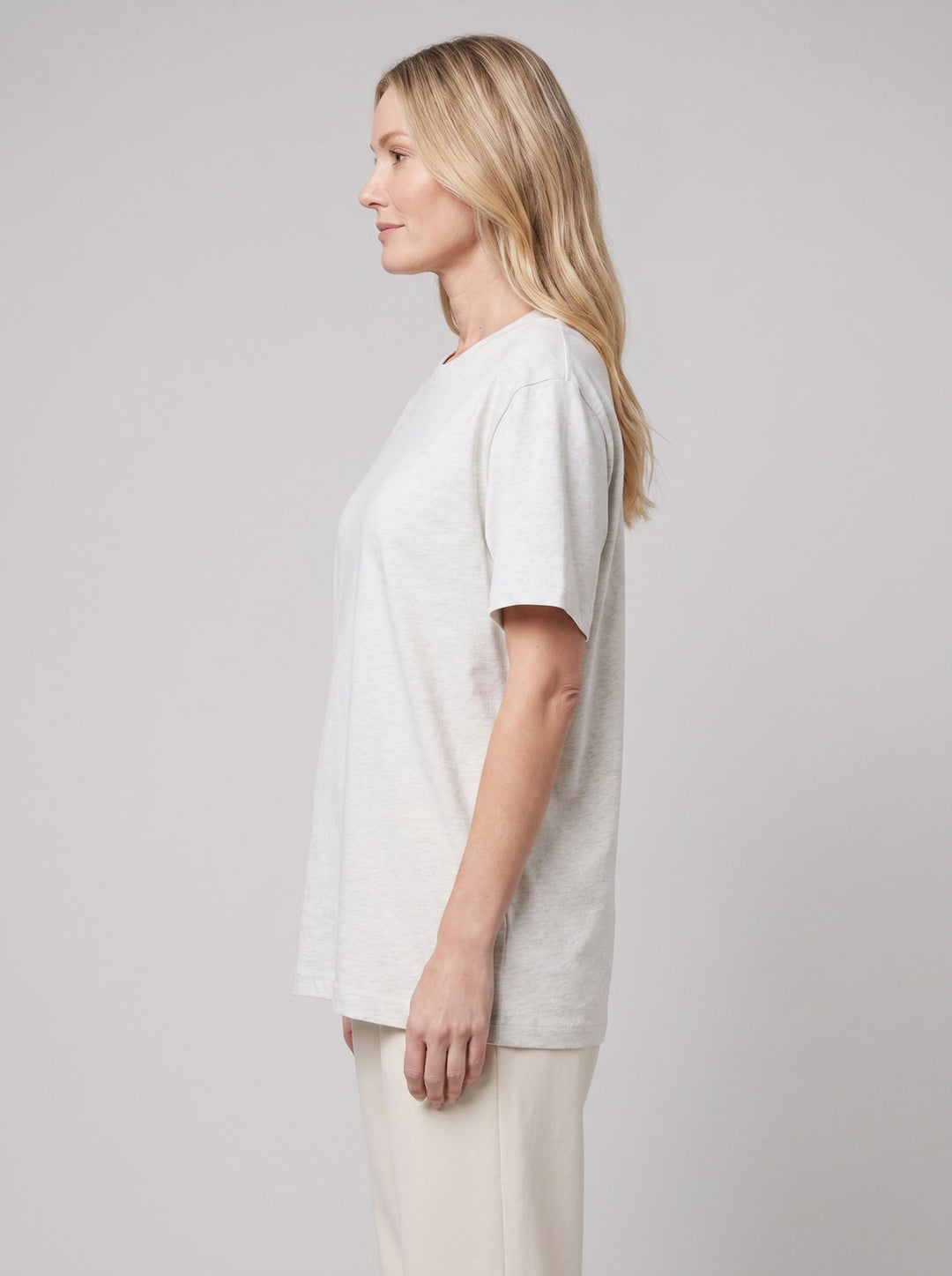 Aspen oversized grey marl t-shirt side view on model