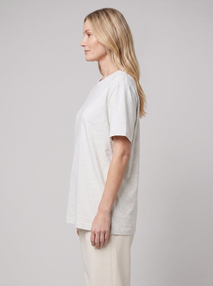 Aspen oversized grey marl t-shirt side view on model