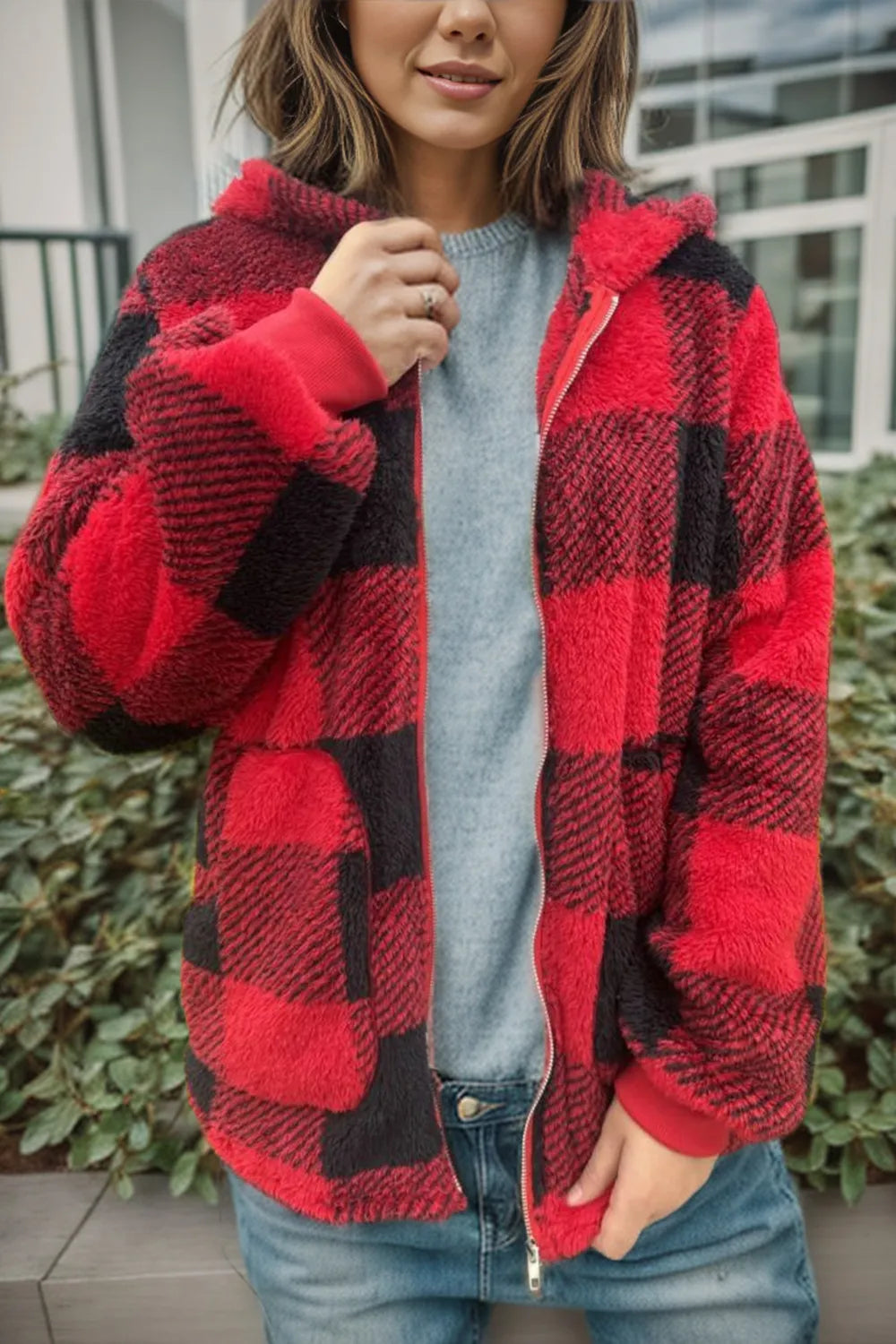 Aspen sherpa teddy coat red front