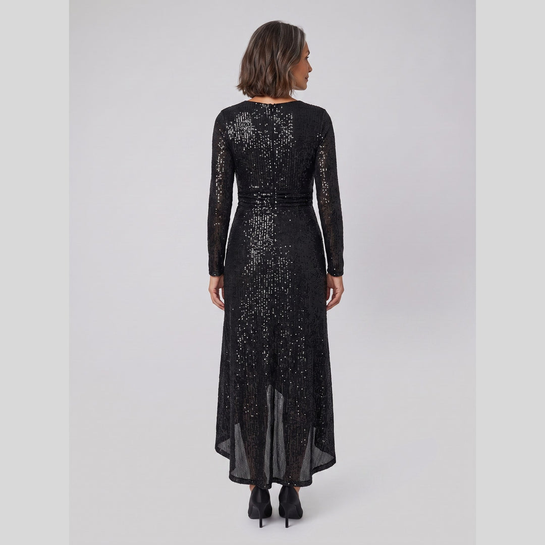 Back view of the black sequin asymmetrical hem evening gown - The store Vancouver