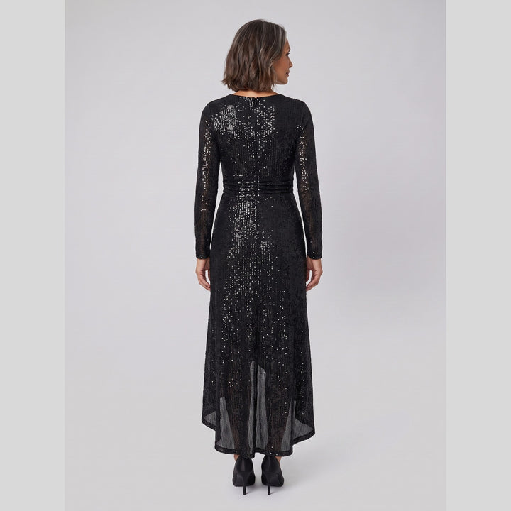 Back view of the black sequin asymmetrical hem evening gown - The store Vancouver