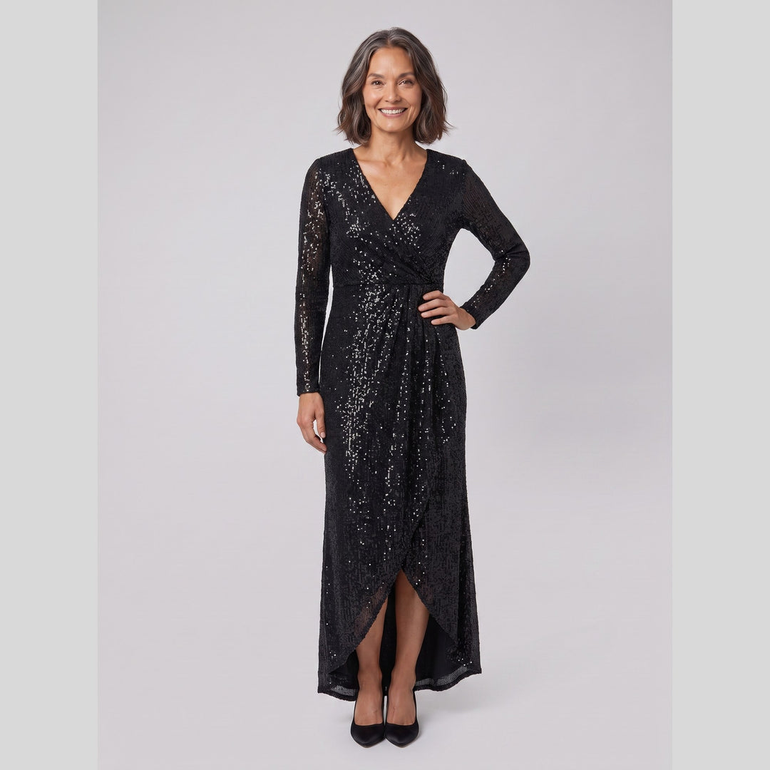 Black sequin long sleeve asymmetrical hem evening gown - The store Vancouver