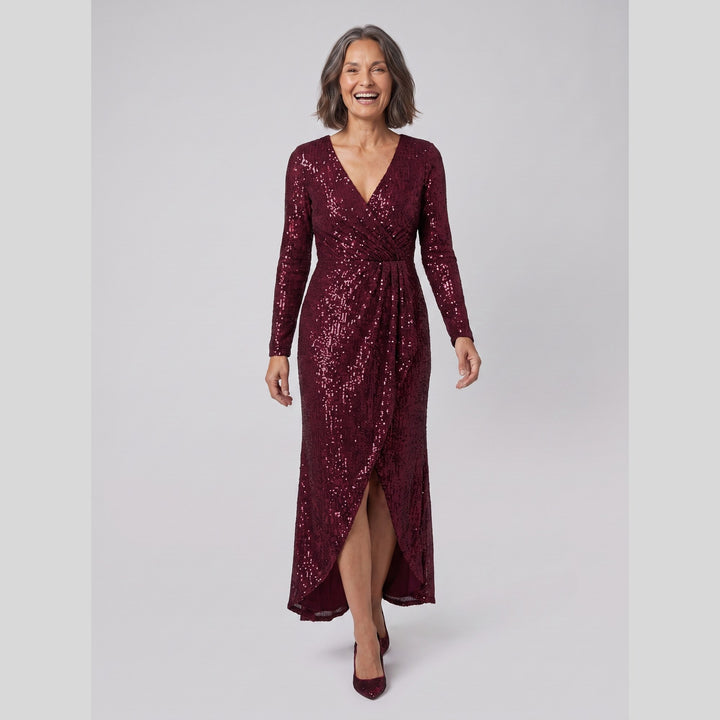 Burgundy sequin long sleeve asymmetrical hem evening gown - The store Vancouver