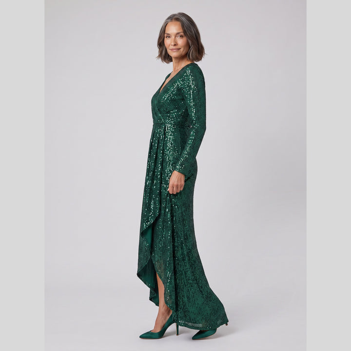 Dark green sequin long sleeve asymmetrical hem evening gown - The store Vancouver